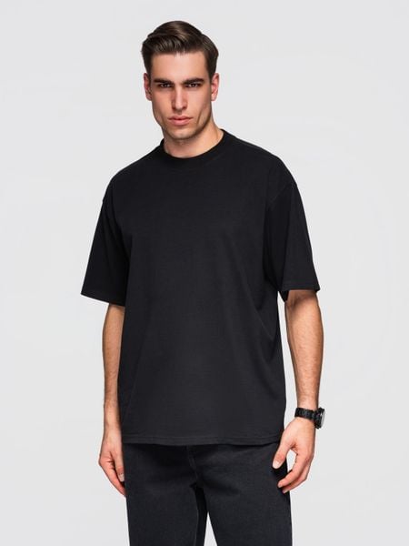 Bawełniany męski t-shirt LOOSE FIT z okrągłym dekoltem – czarny V1 - Rozmiar: M. Czarne t-shirty Ombre Clothing, l, bez wzorów, z bawełny, bez kołnierzyka, bez ramiączek. Za 169.99 zł.