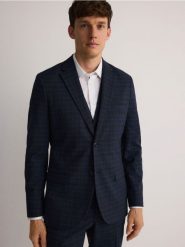Marynarka slim fit z wiskozą - granatowy. Niebieskie garnitury Reserved, bez wzorów, z tkaniny. Za 359.99 zł.