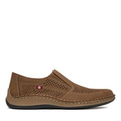 Półbuty Rieker. Brązowe eleganckie półbuty Rieker, bez wzorów, bez obcasa, bez zapięcia. Za 369.99 zł.
