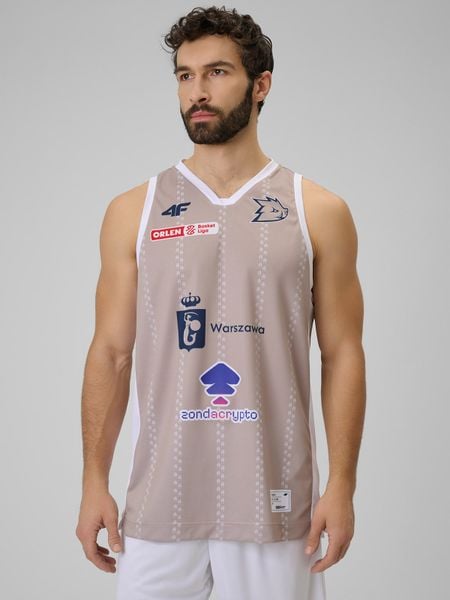 4F Koszulka meczowa replika domowa z sezonu 2025/26 męska 4F x Dziki Warszawa - beżowa S. Brązowe bezrękawniki 4F, m, bez wzorów, z materiału, bez kołnierzyka, bez ramiączek. Za 219.99 zł.