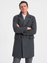 Dwurzędowy męski płaszcz z podszewką - grafitowy V2 - Rozmiar: M. Szare płaszcze Ombre Clothing, m, bez wzorów, z poliesteru, bez kaptura. W wyprzedaży za 199.99 zł.