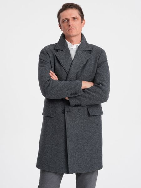 Dwurzędowy męski płaszcz z podszewką - grafitowy V2 - Rozmiar: M. Szare płaszcze Ombre Clothing, m, bez wzorów, z poliesteru, bez kaptura. W wyprzedaży za 199.99 zł.