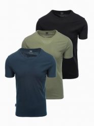 Zestaw męskich bawełnianych t-shirtów BASIC z okrągłym dekoltem – czarny/granatowy/khaki V3 OM-TSBS-0232 - XXL. Niebieskie t-shirty Ombre Clothing, l, bez wzorów, z bawełny, bez kołnierzyka, bez ramiączek. Za 89.99 zł.