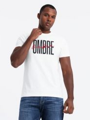 Bawełniana koszulka męska z podwójnym logotypem – biała V1 OM-TSPT-0210 - XXL. Białe t-shirty Ombre Clothing, l, bez wzorów, z bawełny, bez kołnierzyka, bez ramiączek. W wyprzedaży za 49.99 zł.