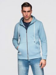 Męska bluza bawełnina dresowa BASIC rozpinana z kapturem - niebieska V7 - Rozmiar: M. Niebieskie bluzy Ombre Clothing, m, z aplikacjami, z dresówki, z kapturem. W wyprzedaży za 118.99 zł.