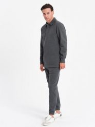 Komplet męski dresowy bluza z kołnierzem polo + spodnie - grafitowy melanż V1. Szare bluzy Ombre Clothing, m, bez wzorów, z bawełny, bez kaptura. W wyprzedaży za 262.49 zł.