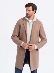 Męski płaszcz jednorzędowy bez podszewki – beżowy V7 OM-COWC-0104 - XXL. Brązowe płaszcze Ombre Clothing, l, bez wzorów, z materiału, eleganckie, bez kaptura. Za 287.99 zł.