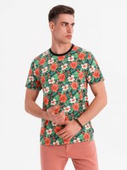 Męski t-shirt bawełniany w kwiatowy wzór full print – czarny V2 OM-TSFP-0249 - XXL. Czarne t-shirty Ombre Clothing, l, bez wzorów, z bawełny, bez kołnierzyka, bez ramiączek. Za 65.99 zł.