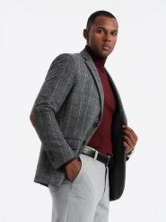 Elegancka męska marynarka w kratkę z domieszką wełny – szara V1 OM-BLZB-0137 - XXL. Szare garnitury Ombre Clothing, na imprezę, l, bez wzorów, z materiału, eleganckie. Za 251.99 zł.