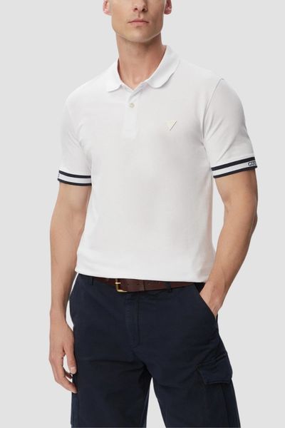 GUESS Biały męski t-shirt polo Lyle, Rozmiar M. Białe koszulki polo Guess, m, z aplikacjami, z jeansu, bez kołnierzyka, bez ramiączek. Za 379.99 zł.