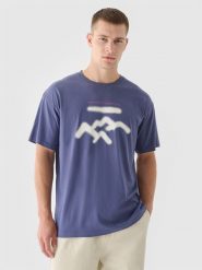4F T-shirt oversize z nadrukiem męski - granatowy L. Niebieskie t-shirty 4F, l, bez wzorów, z bawełny, bez kołnierzyka, bez ramiączek. W wyprzedaży za 29.99 zł.