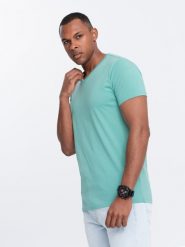 Męska klasyczna bawełniana koszulka z dekoltem w serek BASIC – turkusowa V15 OM-TSBS-0145 - XL. Niebieskie t-shirty Ombre Clothing, l, bez wzorów, z bawełny, bez kołnierzyka, bez ramiączek. W wyprzedaży za 24.99 zł.