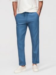 Męskie spodnie podwijane chino z dodatkiem lnu – niebieski denim V5 - Rozmiar: L. Niebieskie eleganckie spodnie Ombre Clothing, na co dzień, l, z bawełny, casualowe. W wyprzedaży za 349.99 zł.