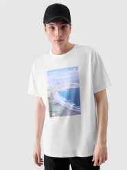 4F T-shirt oversize z nadrukiem męski - biały M. Białe t-shirty 4F, m, bez wzorów, z bawełny, bez kołnierzyka, bez ramiączek. W wyprzedaży za 29.99 zł.