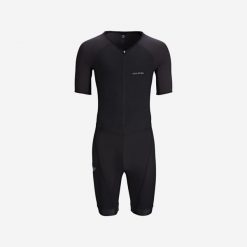Kombinezon do triathlonu męski Van Rysel Trifonction na krótki dystans. Niebieskie buty do biegania VAN RYSEL, bez wzorów, ze skóry, bez zapięcia, do biegania. Za 249.99 zł.