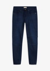 Joggersy jeansowe o kroju regular fit z regulowanym elastycznym pasem, straight. Niebieskie jeansy bonprix, m, bez wzorów, z jeansu. Za 149.99 zł.