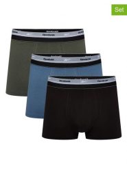 Reebok Bokserki (3 pary) "Mika" w kolorze czarno-niebiesko-oliwkowym rozmiar: XL. Brązowe bokserki Reebok, xl, bez wzorów. Za 72.95 zł.