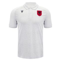 Polo Albanii Travel 2024/25 FSHF 2024/25. Białe koszulki polo Macron, bez wzorów, bez kołnierzyka, bez ramiączek, do piłki nożnej. Za 304.50 zł.