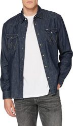 WRANGLER DENIM WESTERN SHIRT MĘSKA KOSZULA JEANSOWA DARK INDIGO W5M12AX1E 112130200. Niebieskie koszule Wrangler, m, bez wzorów, z denimu, bez kołnierzyka, bez ramiączek. Za 159.99 zł.