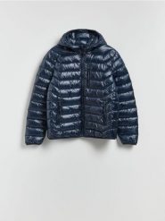 Pikowana kurtka z kapturem - granatowy. Niebieskie kurtki Reserved, l, bez wzorów, z tkaniny, z kapturem. Za 229.99 zł.