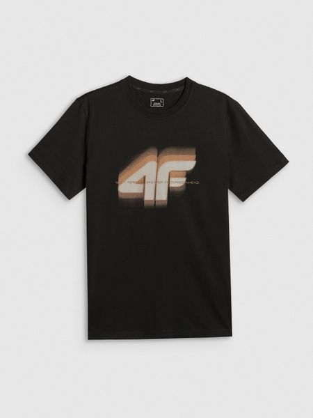 4F T-shirt regular z nadrukiem męski - czarny S. Czarne t-shirty 4F, m, bez wzorów, z materiału, bez kołnierzyka, bez ramiączek. Za 69.99 zł.