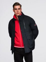 Zimowa kurtka męska z odpinanym kapturem z wodoodpornego materiału - czarna V3 - Rozmiar: XXL. Czarne kurtki Ombre Clothing, na zimę, l, bez wzorów, z dzianiny. Za 439.99 zł.