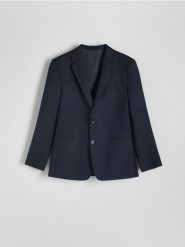 Marynarka slim fit z dodatkiem wełny - granatowy. Niebieskie garnitury Reserved, bez wzorów, z tkaniny. W wyprzedaży za 279.99 zł.