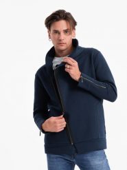 Rozpinana bluza męska ze stójką LONDON - granatowa B1362 - XXL. Niebieskie bluzy Ombre Clothing, m, bez wzorów, z bawełny, bez kaptura. Za 173.99 zł.