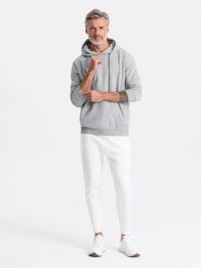 Bluza męska z kapturem ze strukturalnego materiału - szary melanż V2 B1313 - L. Szare bluzy Ombre Clothing, l, bez wzorów, z bawełny, z kapturem. Za 69.99 zł.