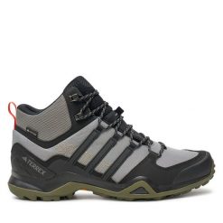 Trekkingi adidas. Szare botki sznurowane Adidas, bez wzorów, z gore-texu, bez obcasa, bez zapięcia. Za 579.99 zł.