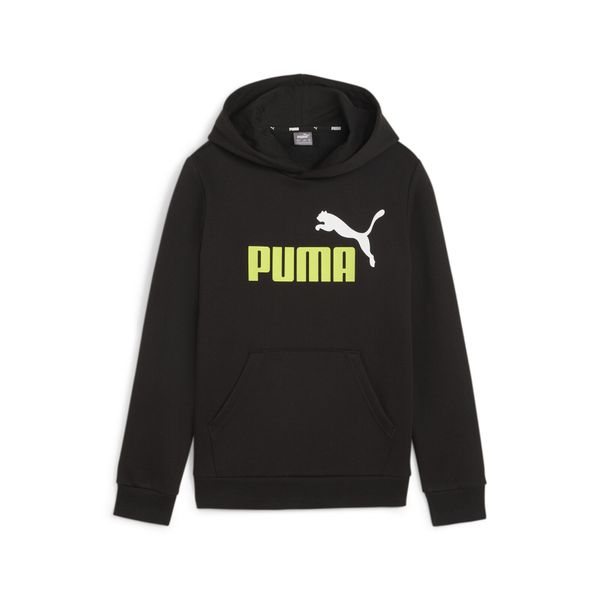 Młodzieżowa bluza z kapturem i dużym dwukolorowym logo Essentials+ PUMA. Czarna bluzy z kapturem Puma, m, bez wzorów, z bawełny, z kapturem. Za 192.60 zł.