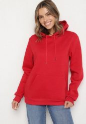 Czerwona Bluza z Kapturem i Kangurkową Kieszenią Envila. Czerwone bluzy z kapturem Born2be, l, bez wzorów, z jeansu, z kapturem. Za 59.99 zł.