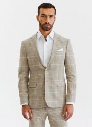 PAKO LORENTE – Beżowa marynarka męska w kratę. Brązowe garnitury Pako Lorente, m, bez wzorów, z elastanu. Za 649.99 zł.
