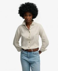 Superdry Premium lniana koszula boyfriend – 100% len, Light Stone Beige. Brązowe koszule Superdry, na lato, bez wzorów, ze lnu, bez kołnierzyka, bez ramiączek. Za 387.20 zł.