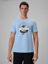 4F T-shirt regular z nadrukiem męski - niebieski S. Niebieskie t-shirty 4F, m, bez wzorów, z bawełny, bez kołnierzyka, bez ramiączek. Za 69.99 zł.
