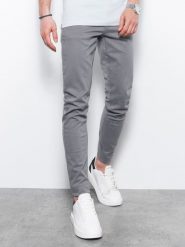 Spodnie męskie chinosy SLIM FIT - szare V25. Szare eleganckie spodnie Ombre Clothing, na co dzień, m, z bawełny. W wyprzedaży za 69.99 zł.