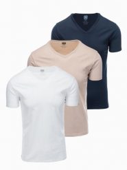 Zestaw bawełnianych męskich koszulek V-neck BASIC – biały/piaskowy/granatowy V12. Białe t-shirty Ombre Clothing, l, bez wzorów, z bawełny, bez kołnierzyka, bez ramiączek. Za 149.99 zł.