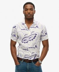 Superdry Lniana koszula z nadrukiem i rozpiętym kołnierzem. Szare koszule Superdry, na lato, xl, bez wzorów, ze lnu, bez kołnierzyka, bez ramiączek. Za 284.90 zł.