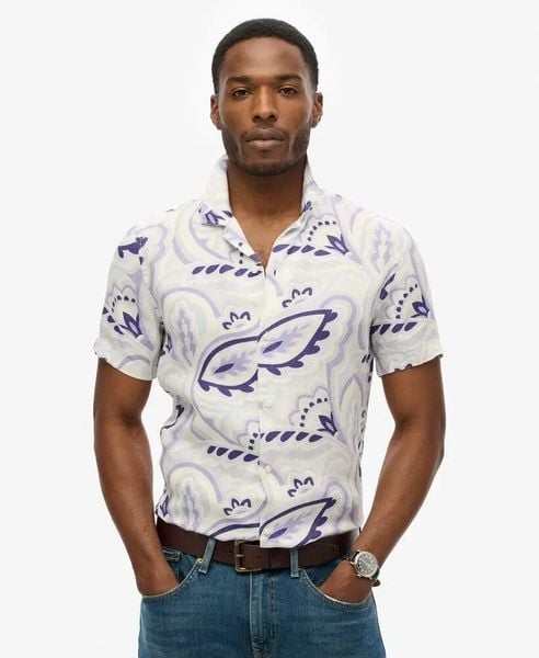 Superdry Lniana koszula z nadrukiem i rozpiętym kołnierzem. Szare koszule Superdry, na lato, xl, bez wzorów, ze lnu, bez kołnierzyka, bez ramiączek. Za 236.90 zł.