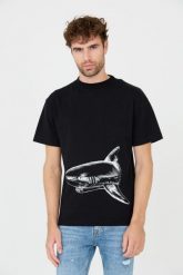 PALM ANGELS Czarny t-shirt Broken Shark Classic Tee. Czarne t-shirty PALM ANGELS, m, bez wzorów, bez kołnierzyka, bez ramiączek. W wyprzedaży za 999.99 zł.