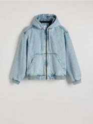 Jeansowa kurtka z kapturem - niebieski. Niebieskie kurtki Reserved, l, bez wzorów, z denimu, z kapturem. W wyprzedaży za 69.99 zł.