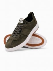 Sneakersy męskie wsuwane ze strukturalnego materiału – oliwkowe V2 - Rozmiar: 40. Zielone buty sportowe casual Ombre Clothing, z aplikacjami, z meshu, bez zapięcia. W wyprzedaży za 89.99 zł.