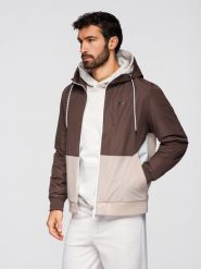 Lekka kurtka męska regular fit z podszewką i kapturem - brązowo-beżowa V1 - Rozmiar: S. Brązowe kurtki Ombre Clothing, m, bez wzorów, z jeansu, z kapturem. W wyprzedaży za 119.99 zł.