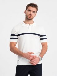 Koszulka męska polo z miękkiej dzianiny z kontrastowymi pasami - biała V1 OM-POSS-0118 - XXL. Białe koszulki polo sportowe Ombre Clothing, l, bez wzorów, z dzianiny, bez kołnierzyka, bez ramiączek. W wyprzedaży za 129.99 zł.