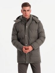 Długa ciepła męska kurtka typu parka z wełną – ciemnooliwkowy melanż V4 OM-JALJ-0217 - XXL. Zielone kurtki Ombre Clothing, l, z aplikacjami, z materiału, bez kaptura. W wyprzedaży za 199.99 zł.