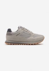 Jasnoszare Buty Sportowe z Ekoskóry na Płaskiej Podeszwie ze Sznurowaniem Nelisande. Szare buty sportowe casual Born2be, bez wzorów, z jeansu, z okrągłym noskiem, bez zapięcia. W wyprzedaży za 119.99 zł.