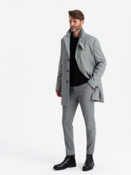 Wzorzysty jednorzędowy męski płaszcz z kieszeniami – szary V3 OM-COWC-0108 - XXL. Szare płaszcze Ombre Clothing, l, bez wzorów, z materiału, klasyczne, bez kaptura. Za 317.99 zł.