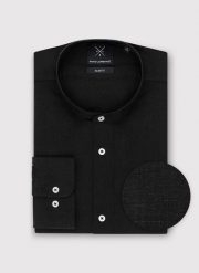 PAKO LORENTE - Lniana czarna koszula męska ze stójką. Czarne koszule Pako Lorente, m, bez wzorów, ze lnu, bez kołnierzyka, bez ramiączek. Za 149.99 zł.