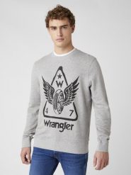 MĘSKA BLUZA WRANGLER GRAPHIC CREW MID GREY MEL W6E2HAX37 112130726. Szare bluzy Wrangler, l, z aplikacjami, z bawełny, bez kaptura. Za 129.99 zł.