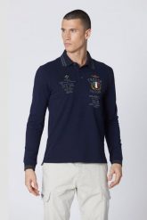 AERONAUTICA MILITARE Granatowy męski longsleeve polo P.A.N. Niebieskie bluzki z długim rękawem Aeronautica Militare, l, bez wzorów, bez kołnierzyka, bez ramiączek. W wyprzedaży za 339.99 zł.